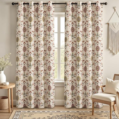 Boho Floral Blackout Curtains for Living Room, Beige Linen Textured Drapes with Colorful Bohemian Print 84 Inches Long 2 Panels Set Vintage Farmhouse Rustic Window Curtains Grommet Top