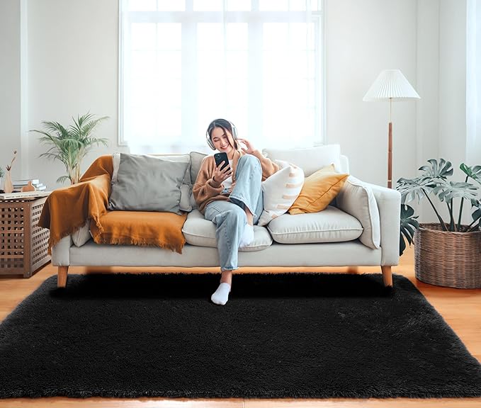 ONASAR Black Area Rugs for Bedroom Living Room, Fluffy Fuzzy Shaggy 4x6 Bedside Rug, Soft Plush Modern Indoor Floor Carpet for Nursery Kids Girls Boys Teen Dorm Home Office Decor Aesthetic