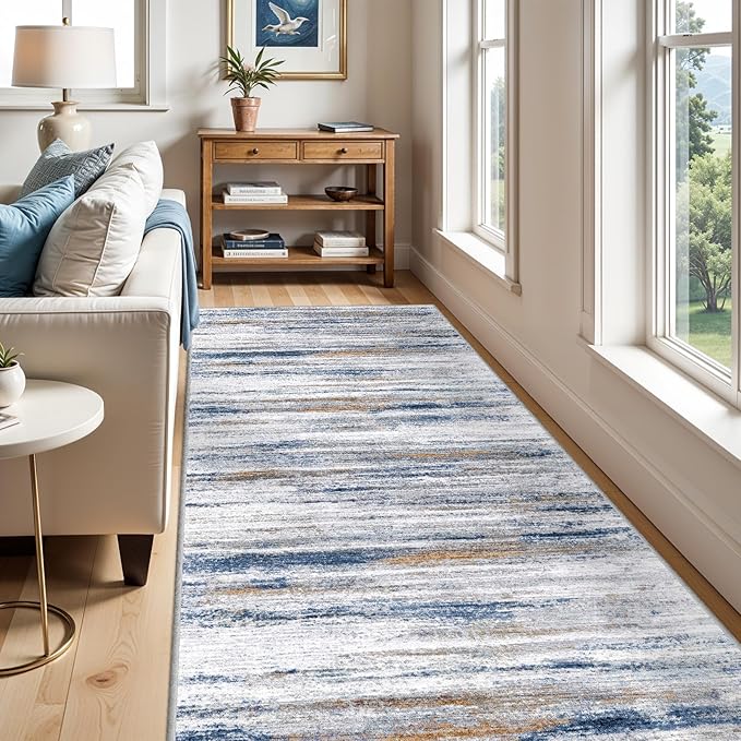 4x12 Runner Rug for Wide Hallway: Long Washable Runners for Entryway Living Room Dining Room - Stain and Water Resistant Rugs with Non-Slip Backing - Soft Low-Pile Carpet Navy Grey