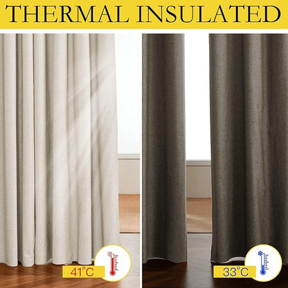 NICETOWN 100% Absolutely Blackout Linen Curtains with Thermal Insulated White Liner, Beige, W62, 2 Pieces, Noise Reducing Textured Linen Look Curtains for Windows 95 inch Length for Classroom