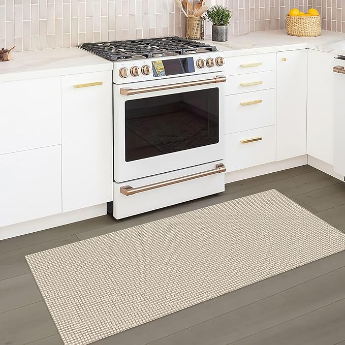 KOZYFLY Runners for Hallways 2x5 ft Washable Kitchen Runner Non Slip Rubber Backed Hall Runners Cotton Entryway Runner Rugs Floor Carpet for Indoor Backdoor Bedroom Kitchen, Ivory/Khaki