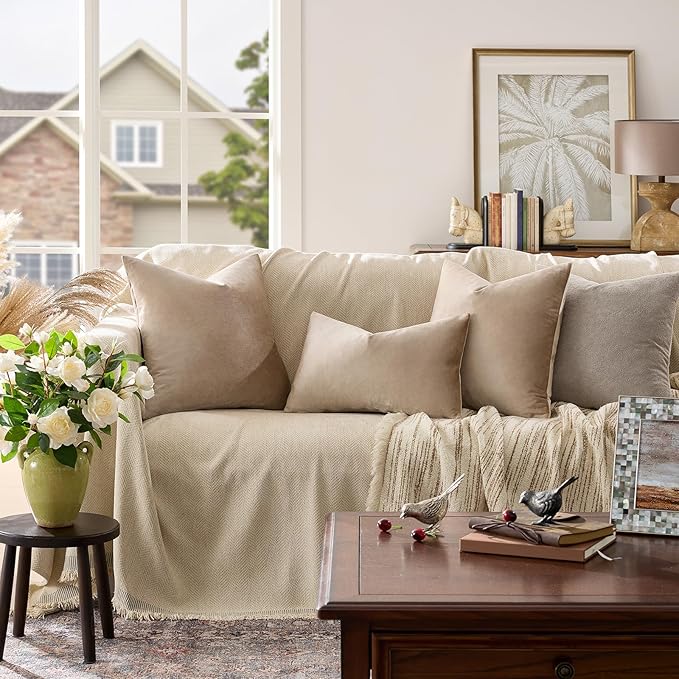 GIGIZAZA Decorative Throw Pillow Covers 18x18,Set of 2 Taupe Square Couch Pillow Covers,Velvet Sofa Boho Cushion Pillows