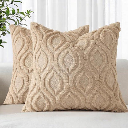 decorUhome Throw Pillow Covers 18x18 Inch Set of 2, Soft Plush Faux Wool Light Khaki Solid Couch Pillow Covers, Accent Farmhouse Neutral Square Pillow Cases for Sofa Bed Living Room