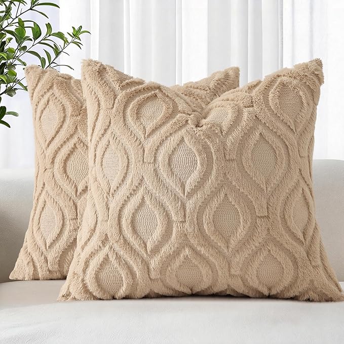 decorUhome Throw Pillow Covers 20x20 Inch Set of 2, Soft Plush Faux Wool Light Khaki Solid Couch Pillow Covers, Accent Farmhouse Neutral Square Pillow Cases for Sofa Bed Living Room