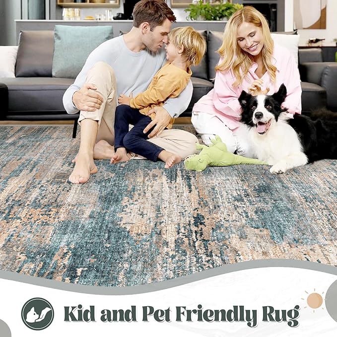 10x14 Area Rugs for Living Room, Washable Modern Abstract Large Area Rug Neutral Soft Non Slip Kids Rug Stain Resistant Indoor Carpet for Bedroom Dining Room Playroom Office(GreenBrown, 10'x14')