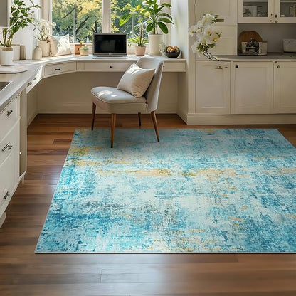 Entryway Rug 3x5 Teal Blue Bedroom Area Rug Washable Non Slip Abstract Boho Rugs for Indoor Entry, Kitchen, Classroom, Bathroom, Kids Girls Room, Office, College Dorm Small Carpet