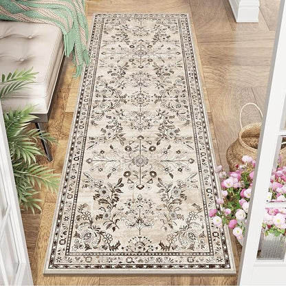 Yamaziot Washable Runner Rug 2x6 – Non Slip Boho Floral Hallway Runner Rug with Rubber Backing, Low Pile Faux Wool Distressed Carpet for Kitchen, Laundry, Bedroom, Entrance, Brown