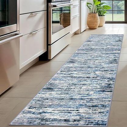 Lansny Modern Abstract Hallway Runner Rug, Grey Blue White Washable Kitchen Runner Non-Slip Soft 2x8 Runner Rug Thin Print Faux Wool Carpet for Entryway Bedroom Laundry Room Indoor Home Decor