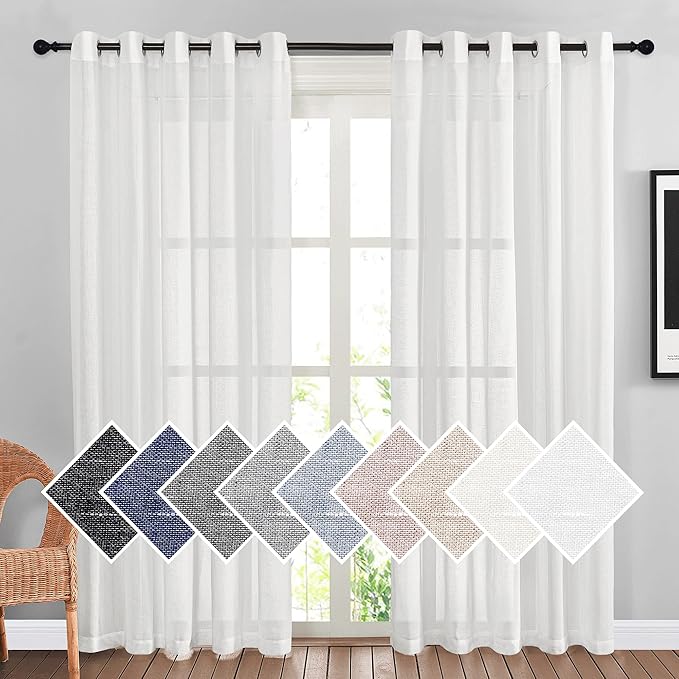 NICETOWN White Sheer Linen Curtains 84" Long, Grommet Top Privacy with Enough Light Through Semi Sheer Window Treatments Vertical Drapes for Living Room/Bedroom, 2 Pieces = 140" Wide