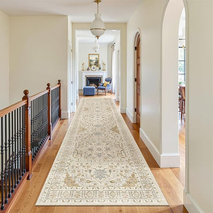 Madane Hallway Rug 3x10, Kitchen Rugs Washable Entryway Rug 10ft Vintage Kitchen Runners Non Slip Indoor Area Rug Farmhouse Carpet Runner for Bathroom Living Room Bedroom, Beige/Blue