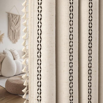 Beige Boho Blackout Curtains 2 Panels 84 Inch for Living Room Bedroom, Linen Texture Farmhouse Curtains with Tassels and Black Cotton Embroidery Vintage Rustic Western Rod Pocket