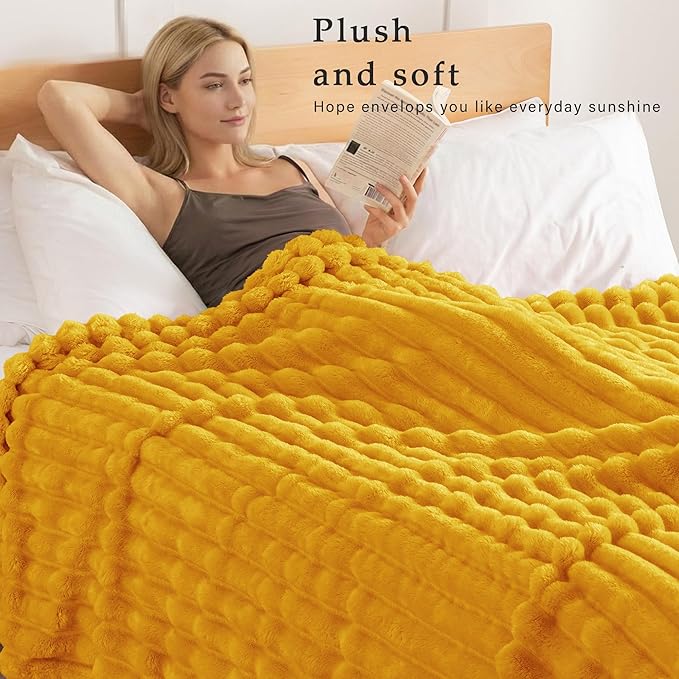 Exclusivo Mezcla Fleece Throw Blanket for Couch, Super Soft Striped Jacquard Bed Blanket, Lightweight Fuzzy Cozy for All Seasons, 50x60 Inches, Mustard Yellow
