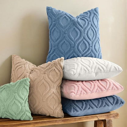 decorUhome Throw Pillow Covers 18x18 Inch Set of 2, Soft Plush Faux Wool Dusty Blue Solid Couch Pillow Covers, Accent Farmhouse Neutral Square Pillow Cases for Sofa Bed Living Room