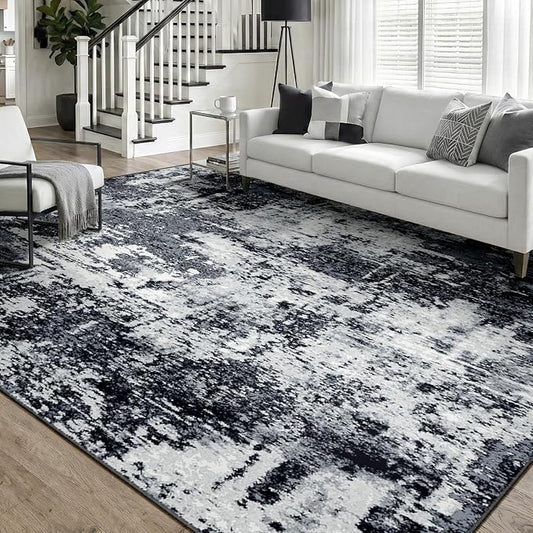 Washable Area Rugs 6'x9' Non-Slip Modern Abstract Soft for Living Room Entryway Bedroom Nursery, Print Pattern, Black Navy Blue Gray