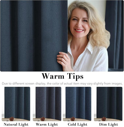 H.VERSAILTEX Linen Blackout Curtains Durable Thick Textured Linen Look 100% Blackout Patio Door Curtain Anti Rust Grommet Extra Wide Sliding Door Curtain Panel, W100 x L84 inch - Navy