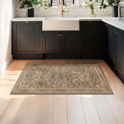 Brown Washable 2x4 Entry Rug - Front Door Rugs Indoor, Vintage Floral Style Small Rug for Kitchen, Bathroom, Non-Slip Boho Gold Entryway Décor