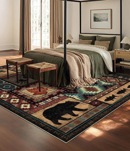 YIHOUSE Rustic Cabin Area Rug 6x9,Machine Washable Lodge Bear Rug,Non-Slip Low Pile Print Pattern Southwestern Rug for Living Room Bedroom