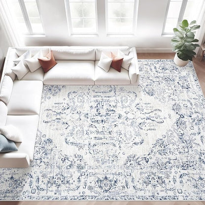 10x14 Area Rugs for Living Room: Washable Rug Vintage Large Rugs Soft Non Slip Low Pile Rug Floral Distressed Floor Carpet for Bedroom Nursery Dining Room Home Office (Blue,10'x14')
