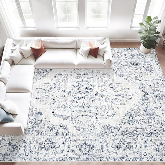 10x14 Area Rugs for Living Room: Washable Rug Vintage Large Rugs Soft Non Slip Low Pile Rug Floral Distressed Floor Carpet for Bedroom Nursery Dining Room Home Office (Blue,10'x14')