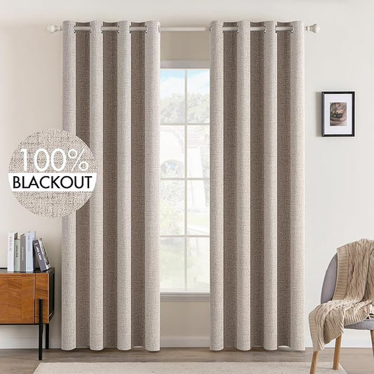MIULEE Linen Texture Curtains for Bedroom Solid 100% Blackout Thermal Insulated Khaki Curtains Grommet Room Darkening Drapes for Living Room Nursery 52x108 Inch (2 Panels)