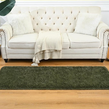 Goideal Fluffy Runner Rug for Bedroom Living Room, 2x6 Olive Green Bedside Rugs, Faux Fur Shag Modern Carpet Ultra Soft Girls Boys Room Home Decor, Solid
