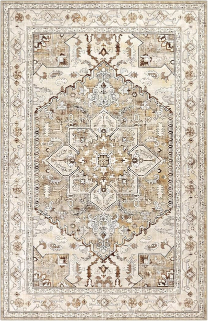 Yamaziot Area Rug 9x12, Non-Slip Washable Boho Vintage Living Room Bedroom Rug with Rubber Backing, Low Pile Faux Wool Soft Distressed Rug Floor Carpet for Living Room, Bedroom