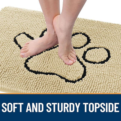 OLANLY Dog Door Mat for Muddy Paws 36x24, Paw Print Design, Absorbs Moisture and Dirt, Absorbent Non-Slip Washable Doormat, Quick Dry Chenille Mud Mat for Dogs, Entry Indoor Entryway Carpet, Sand