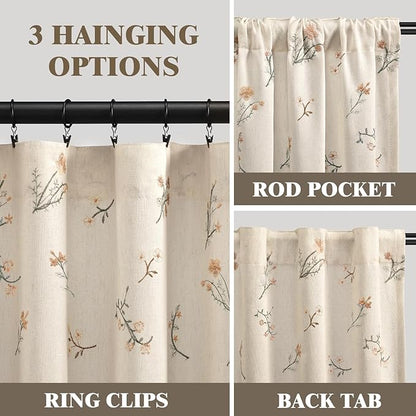 Floral Embroidered Linen Blend Curtains for Bedroom, 84 Inch Light Filtering Spring Farmhouse Vintage Drapes Beige Flower Window Treatments for Living Room Rod Pocket, Set of 2 Panels