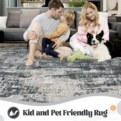 XLUEZ 9x12 Area Rug for Living Room, Washable Modern Abstract Large Area Rug Neutral Soft Non Slip Kids Rug Stain Resistant Indoor Carpet for Bedroom Dining Room Playroom Office(BlackGreyGold, 9'x12')
