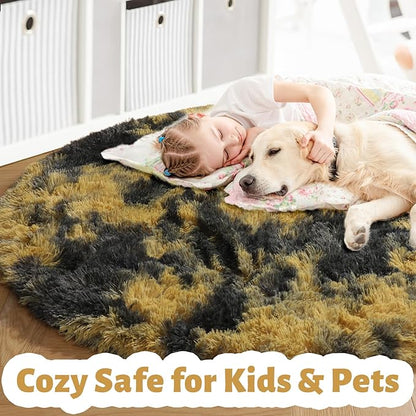 Amdrebio Black Gold Yellow Grey Round Circle Rugs 5Ft for Bedroom Living Room Decor, Fluffy Furry Area Rug for Kids Room Dorm Home Office, Modern Cool Leopard Cheetah Shag Carpet for Teen Boys Men