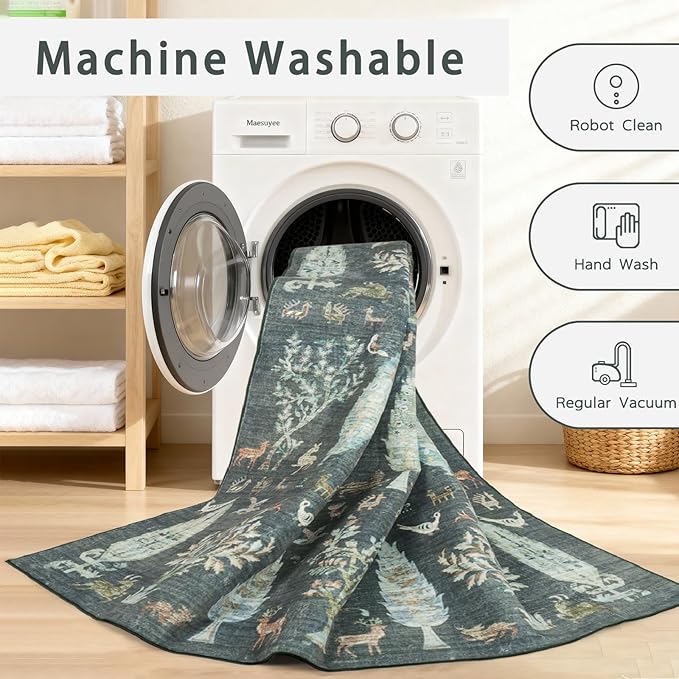 Washable Rugs 8x10 Area Rugs for Living Room,Bedroom,Dining Room- Large Ultra Soft Faux Wool Retro Carpet,Non Slip&Non-Shedding Low Pile Vintage Print Rug for Home Office Dorm-Dark Green