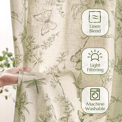 jinchan Floral Curtains Lined Linen Blend Curtain for Living Room 63 Inch Length Sage Green Farmhouse Flower Patterned Curtain French Country Curtains Drapes Back Tab Rod Pocket 2 Panels