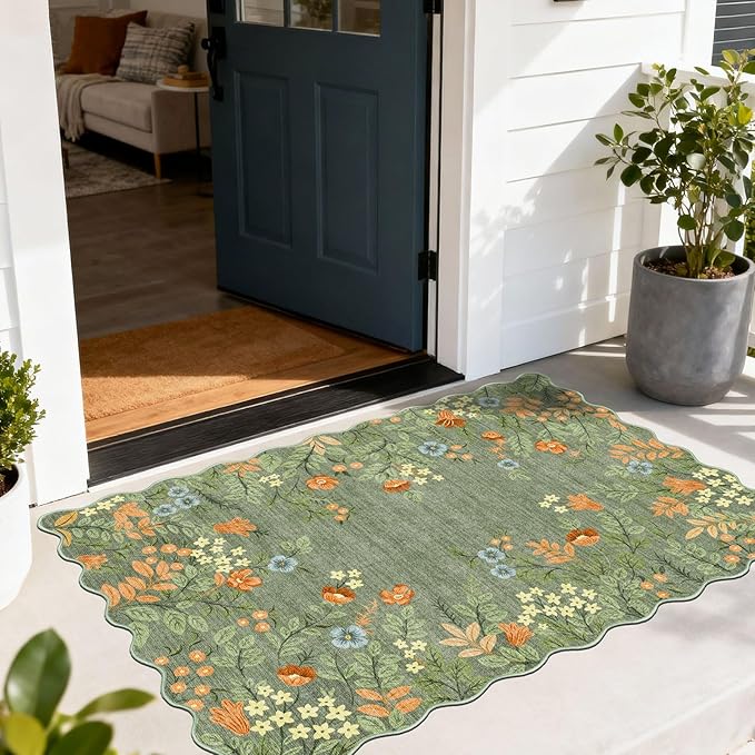 Floral Outdoor Rug - 28" x 43" Front Door Mat Indoor Outside Entrance Non-Slip Washable Outdoor Mat Sage Green Boho Flower Rug for Entryway Kitchen Bedroom Layered Doormat for Front Porch