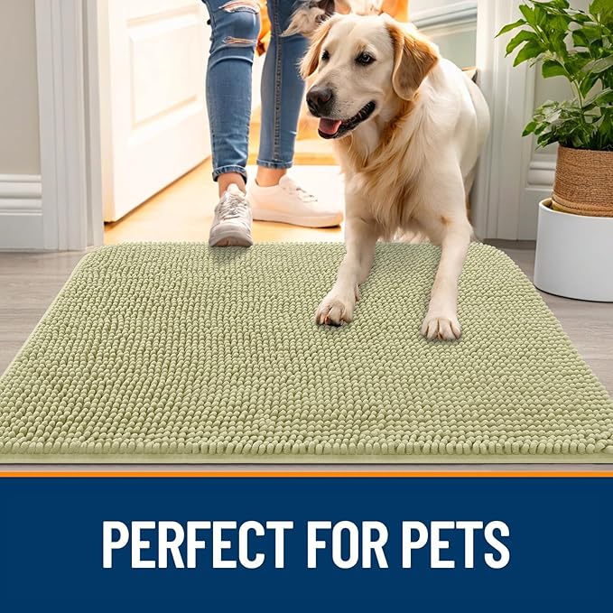 OLANLY Dog Door Mat for Muddy Paws 59x20, Absorbs Moisture and Dirt, Absorbent Non-Slip Washable Doormat, Quick Dry Chenille Mud Mat for Dogs, Entry Indoor Entryway Carpet for Inside Floor, Vanilla