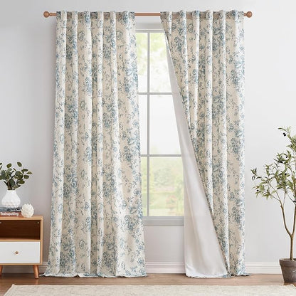 jinchan Lined Linen Blend Curtain Floral Curtains for Living Room 96 Inches Long Blue Peony Flower Printed Curtain Rod Pocket Back Tab Farmhouse Patterned Drapes Bedroom Window Curtains Set 2 Panels