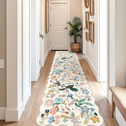 Washable 3x12 Hallway Runner Rug: Soft Floral Scalloped Runners for Entryway Kitchen Nursery Non Slip Bathroom Laundry Floor Mat Water Resistant Light Weight Carpet for Living Room Bedroom(3x12,Cream)