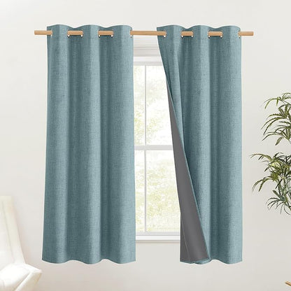 NICETOWN 100% Absolutely Blackout Linen Curtains with Thermal Insulated Liner, Skylark Blue, 42" Wide, 45" Length Energy Saving Curtains for Dining Room 2 Panels Set, Vertical Blinds
