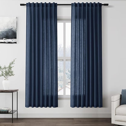 Denim Blue Linen Curtains 72 Inch Length for Living Room Sheer Lightweight Door Drapes 2 Panels Set for Kids Bedroom Light Filtering Back Tab Rod Pocket Curtain for Kitchen Protect Privacy 52x72