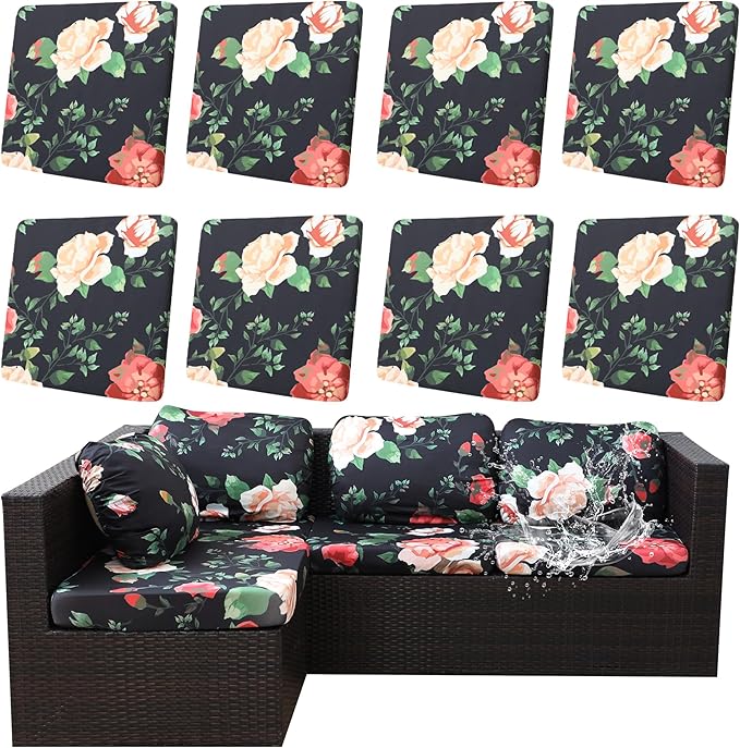 8Pcs Outdoor Cushion Covers, Patio Cushion Covers,Stretch Elastic Slipcovers, Replacement Washable & Reusable Furniture Protector for Patio Couch (Death of Summer-Pattern,Cover Only)