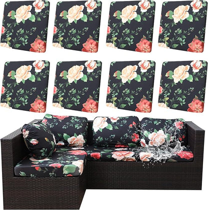 8Pcs Outdoor Cushion Covers, Patio Cushion Covers,Stretch Elastic Slipcovers, Replacement Washable & Reusable Furniture Protector for Patio Couch (Death of Summer-Pattern,Cover Only)