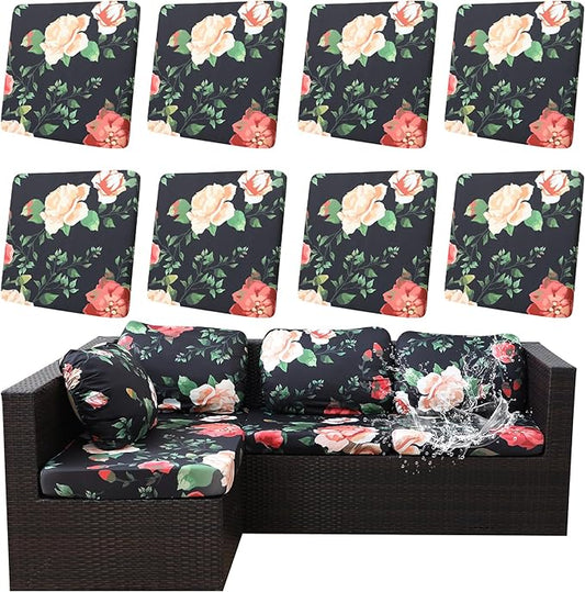 8Pcs Outdoor Cushion Covers, Patio Cushion Covers,Stretch Elastic Slipcovers, Replacement Washable & Reusable Furniture Protector for Patio Couch (Death of Summer-Pattern,Cover Only)