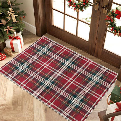 Christmas Front Door Mat Indoor Entrance - 2x3 Ft Non-Slip Doormat Outdoor Rug Small Red Holiday Tartan Plaid Entry Rug for Layered Door Mats Front Porch Entryway Kitchen New Year Decor