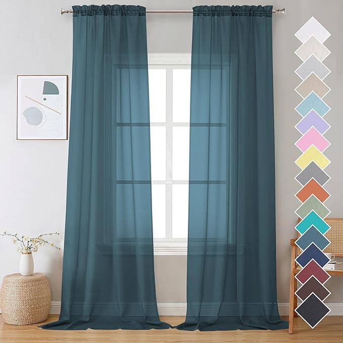 OVZME Dusty Blue Sheer Curtains 108 Inches Long, Light Filtering Semi Transparent Lightweight Voile Rod Pocket Window Curtains for for Yard, Patio, Villa, Parlor, W42 x L108, Set of 2 Panels