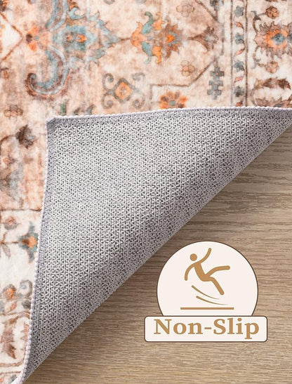 SERISSA Boho Washable Runner Rug, 2x5 Non-Slip Vintage Peach Cream Hallway Kitchen Runner Rug Ultra Soft Print Distressed Floor Carpet for Bedroom Bathroom Laundry Living Room