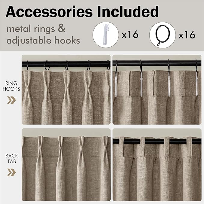 MIULEE Pinch Pleated Thick Linen Curtains 102 Inches Long 2 Panels for Living Room Bedroom, Linen Textured Drapes Pleat Back Tab Memory Trained Light Filtering Boho Grey Beige Window Curtains