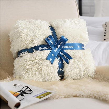 Bedsure GentleSoft Fluffy Cream Blankets Queen Size for Bed, Thick Sherpa Faux Fur Fleece Fuzzy Plush Winter Warm Heavy Soft Full Queen Blankets, Bedroom Decor Cream Gifts Cozy Gifts for Women, 90x90