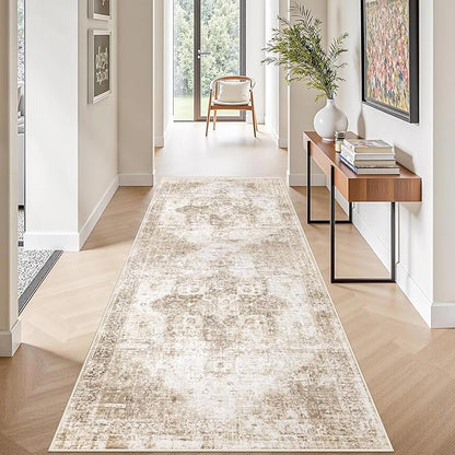 Runner Rug 2x6 Washable Rug, Vintage Boho Medallion Hallway Runner Non-Slip Soft Low Pile Distressed Floor Carpet Retro Doormat for Kitchen Bedroom Laundry Entryway Bathroom (Brown, 2'x6')