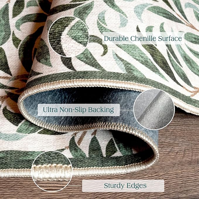 Front Door Mat Indoor Entrance - 2x4.3 Ft Boho Washable Layered Doormat Outdoor Entrance Porch Rug Non-Slip Spring Sage Green Leaf Runner Rug for Kitchen Bedroom Laundry Room Porch Decor