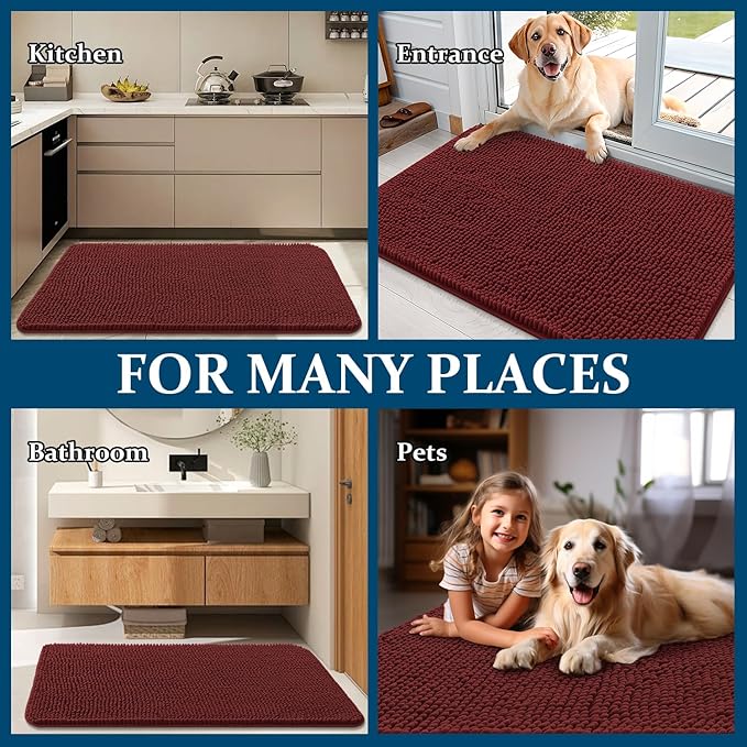 OLANLY Dog Door Mat for Muddy Paws 47x20, Absorbs Moisture and Dirt, Absorbent Non-Slip Washable Doormat, Quick Dry Chenille Mud Mat, Entry Indoor Entryway Carpet for Inside Floor, Caramel Russet