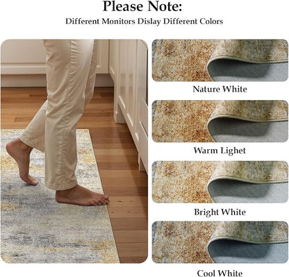 3x18 Washable Kitchen Runner Rug: Modern Abstract Runners for Hallway Soft Non Slip Rugs with Rubber Backing Low Pile Thin Waterproof Floor Carpet for Entryway Bedroom Bathroom Indoor 3x18 Grey/Yellow